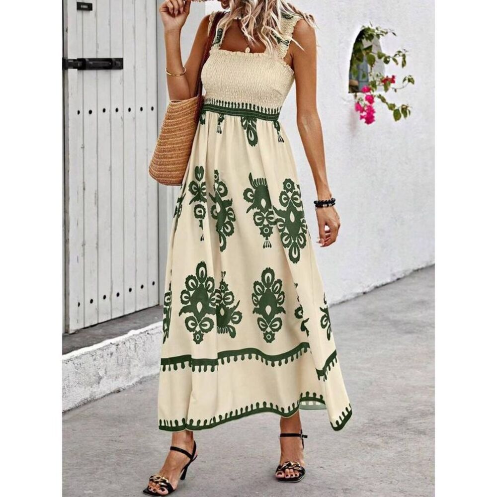Everyday the Label Printed Smocked Maxi Dress Women Moss Dresses